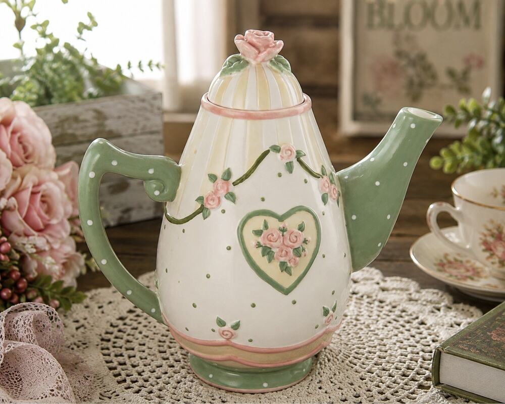 Karla Dornacher Giftcraft Rose Floral Teapot Pink Green Polka Dot Ceramic